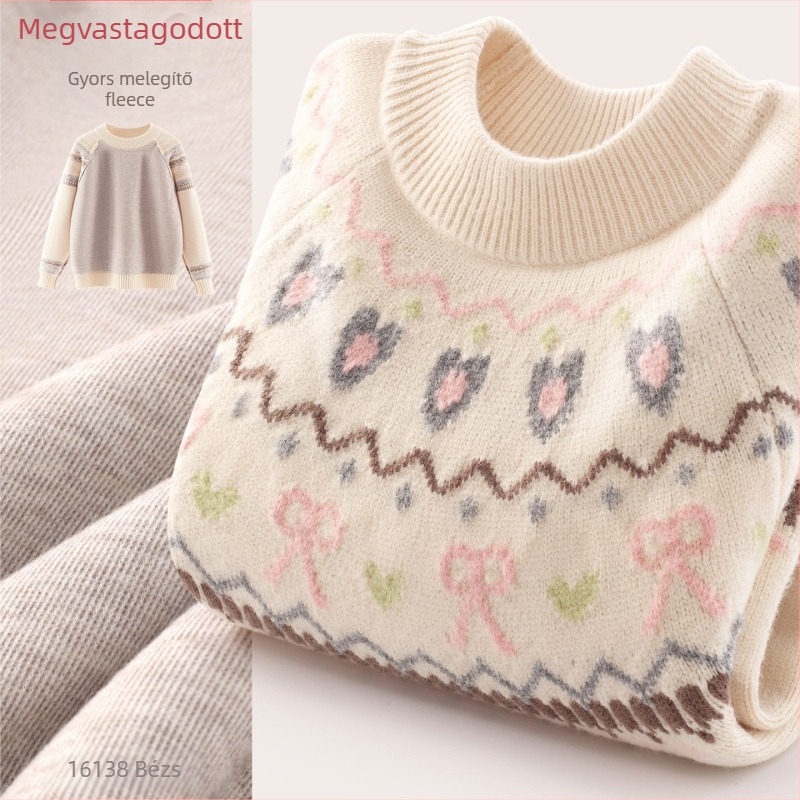 Lányoknak szóló kapucnis kötött pulóver fleece-béléssel, akrilból, vastag kivitel
