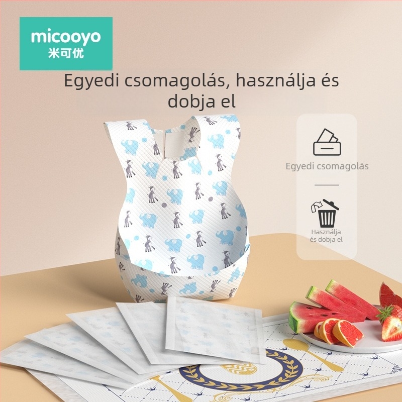 Mikoyou egyszer használatos baba etető kötény zsebbel, vízálló és szennyeződés-ellenálló, nem szőtt anyagból, pamut rész, rajzolt mintával, 0–6 éveseknek