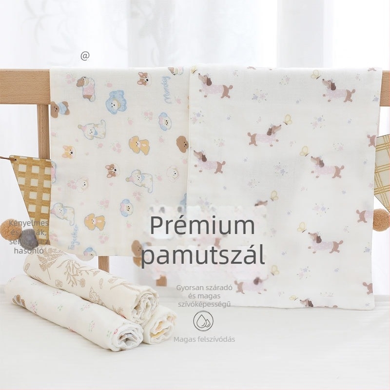 Hat rétegű bambusz-pamut baba törölköző, négyszögletes kendő, karikatúra mintával, nedvszívó