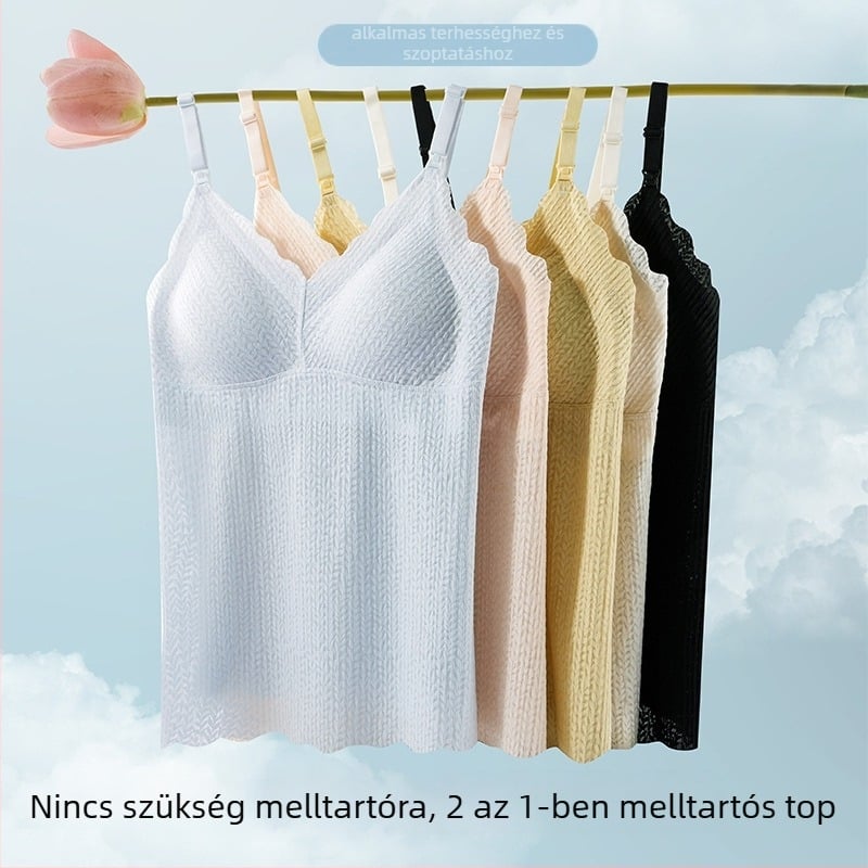 Két az egyben kismama- és szoptatós top beépített melltartó betétekkel, nincs szükség külön melltartóra, buborékos csipével, hosszított fazon