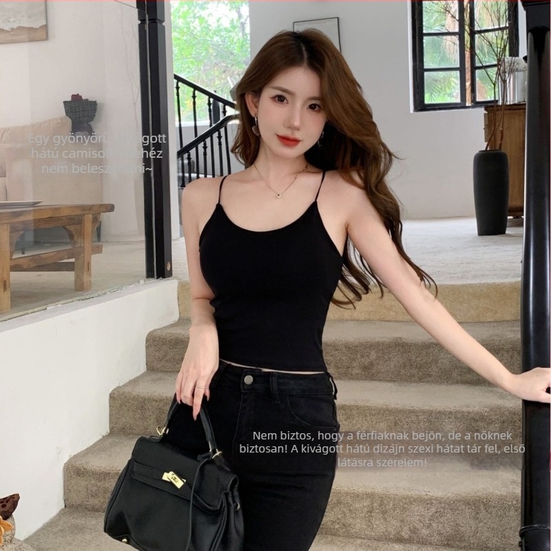 Új stílusú minimalist cami vékony pántokkal, nyitott hátú, szexi dizájn latex betéttel