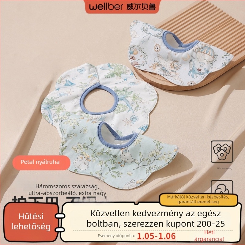 Pamut nyálkendő, nyakpánt stílusú kendő, nedvszívó, babáknak és 0–6 éves gyerekeknek, mintás figurával, készlet