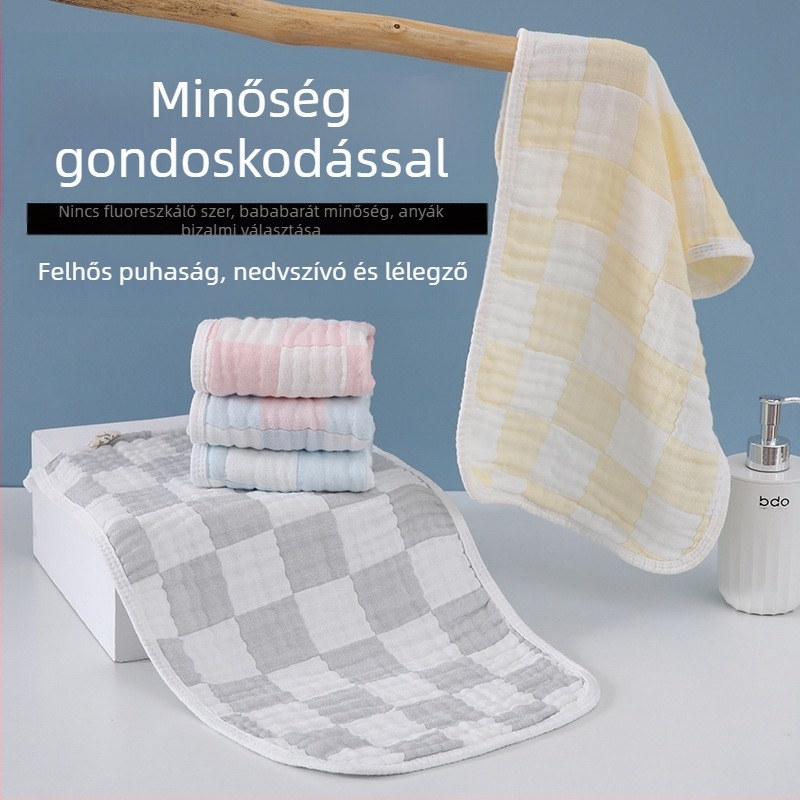 Nyálkendő, hat réteg pamut géz, kockás minta, újszülöttektől 6 éves korig.