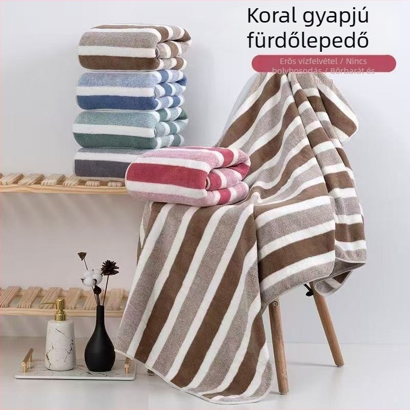 Kötött csíkos Coral Fleece fürdőlepedő, széles csíkok, vastított, rendkívül nedvszívó, nem hullik