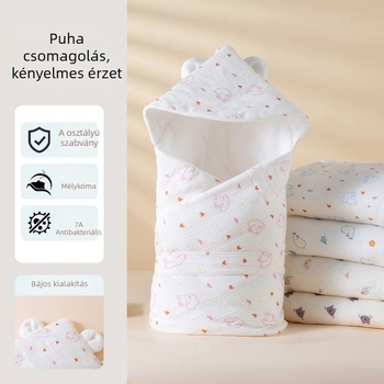 Kisbabák kapucnival takarója, 100% pamut, antibakteriális 7A, állat- és rajzfilmsz mintázat, újszülötteknek