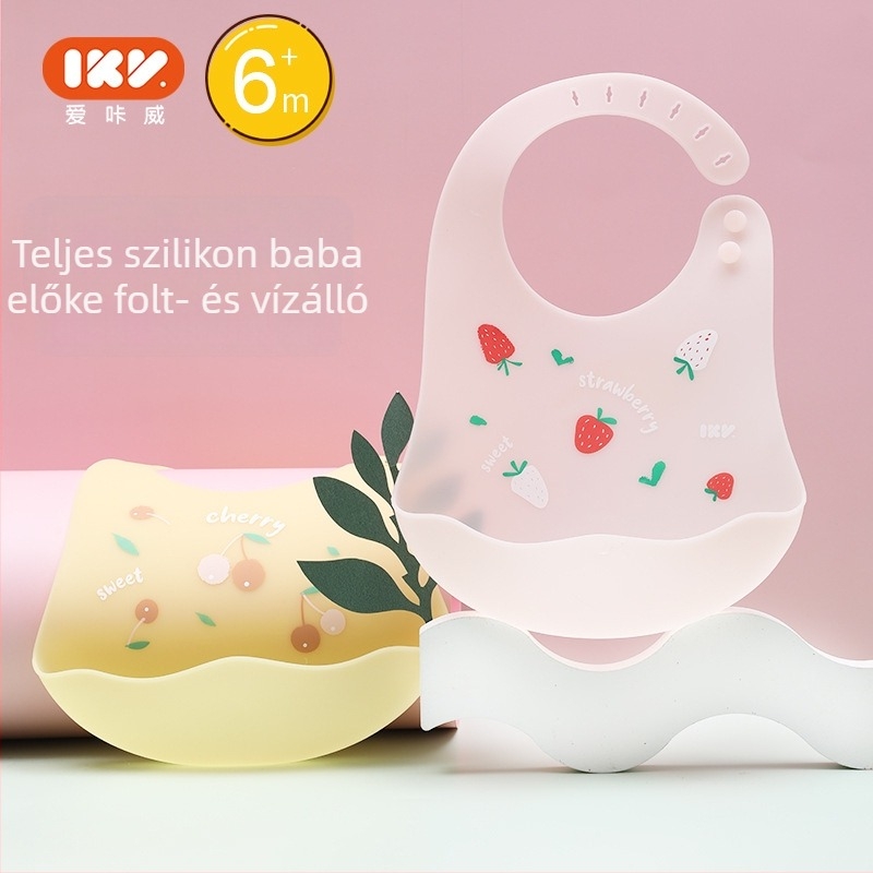 IKV élelmiszer-minőségű szilikon baba etetőbib, vízálló, ultra-soft és ultra-thin, nyálzsákkal, mintás – rajzfilm/virág, 1–3 éveseknek