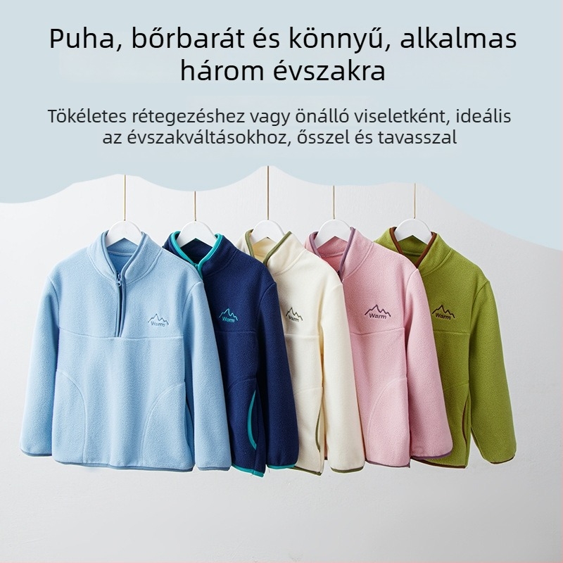 Gyerek fleece pulóver, uniszex, hosszú ujjú, kapucni nélküli, fleece anyagú külső és poliészter bélés, őszre-tavaszra és télre alkalmas