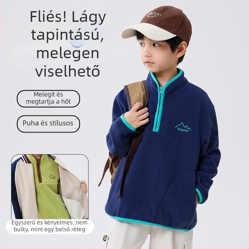 Gyerek fleece pulóver, uniszex, hosszú ujjú, kapucni nélküli, fleece anyagú külső és poliészter bélés, őszre-tavaszra és télre alkalmas