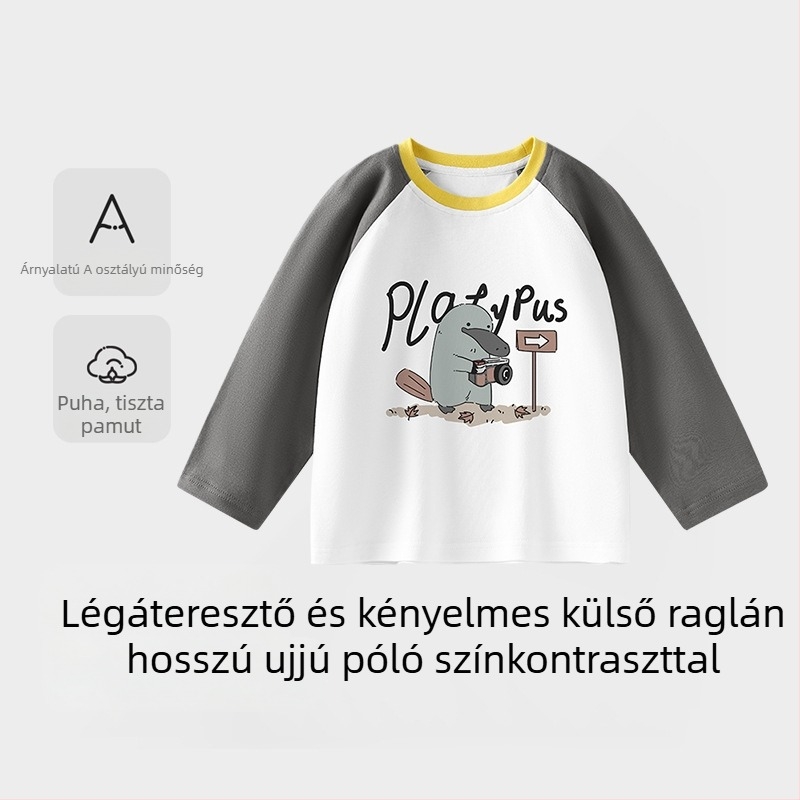 Gyerekeknek készült hosszú ujjú kereknyakú pamut póló, 100% pamut, 3–8 éveseknek, tavasz–ősz