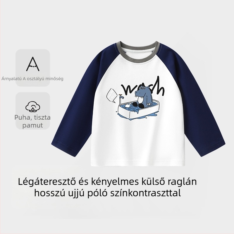 Gyerekeknek készült hosszú ujjú kereknyakú pamut póló, 100% pamut, 3–8 éveseknek, tavasz–ősz