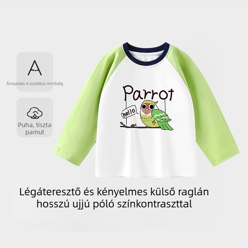 Gyerekeknek készült hosszú ujjú kereknyakú pamut póló, 100% pamut, 3–8 éveseknek, tavasz–ősz