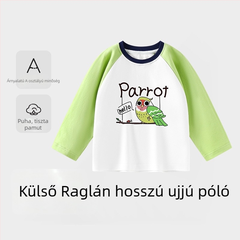 Gyerekeknek készült hosszú ujjú kereknyakú pamut póló, 100% pamut, 3–8 éveseknek, tavasz–ősz