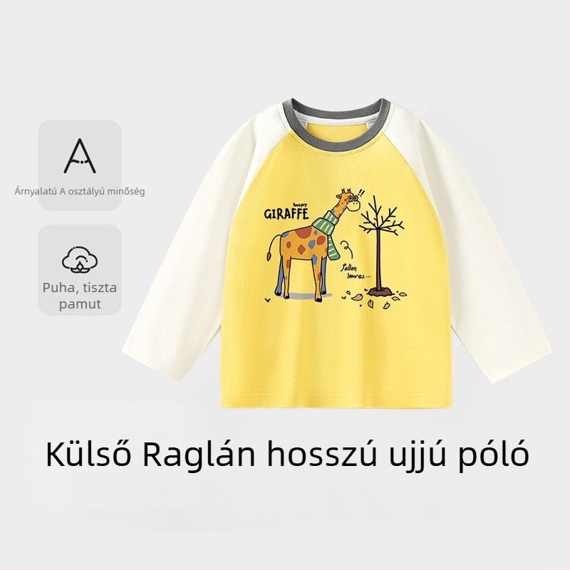 Gyerekeknek készült hosszú ujjú kereknyakú pamut póló, 100% pamut, 3–8 éveseknek, tavasz–ősz