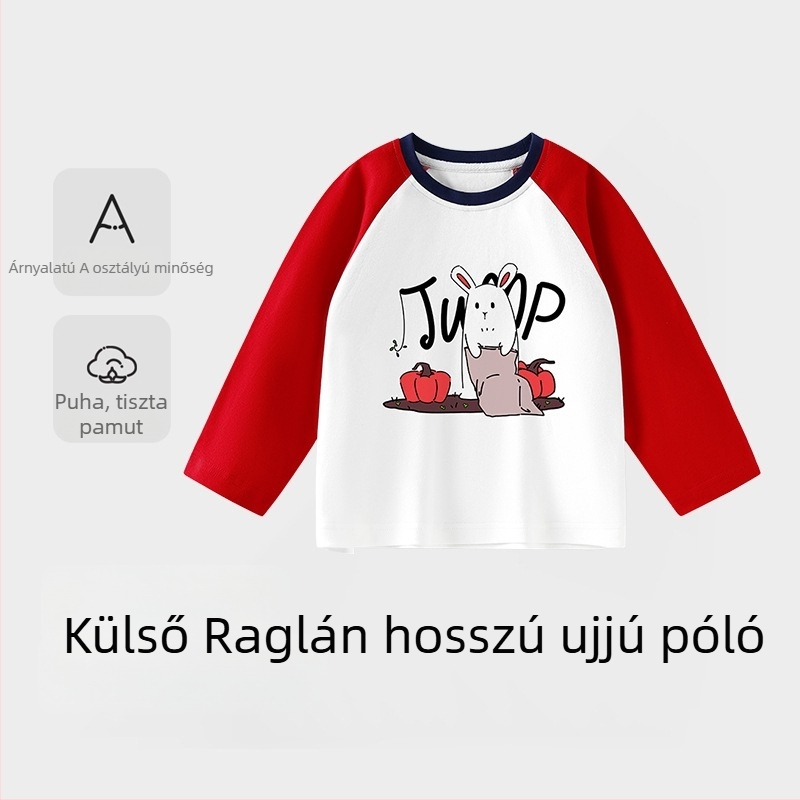 Gyerekeknek készült hosszú ujjú kereknyakú pamut póló, 100% pamut, 3–8 éveseknek, tavasz–ősz
