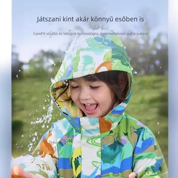 Gyerekeknek való kültéri dzseki – két részes készlet, vízálló 1000 mm, meleg polár bélés, szélálló, kapucnival, levehető kapucni, nylon anyag, Cartoon mintázat, 3–4 éves korosztály (vízálló 1000 mm, meleg polár bélés, szélálló, levehető kapucni)