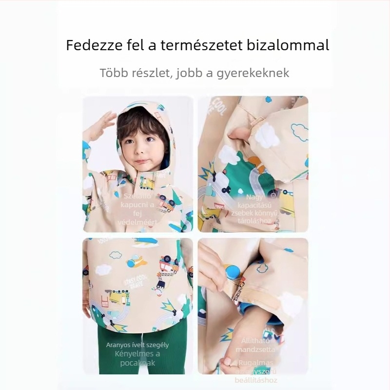 Gyerekeknek való kültéri dzseki – két részes készlet, vízálló 1000 mm, meleg polár bélés, szélálló, kapucnival, levehető kapucni, nylon anyag, Cartoon mintázat, 3–4 éves korosztály (vízálló 1000 mm, meleg polár bélés, szélálló, levehető kapucni)