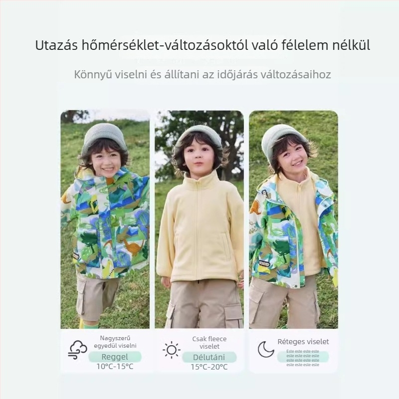 Gyerekeknek való kültéri dzseki – két részes készlet, vízálló 1000 mm, meleg polár bélés, szélálló, kapucnival, levehető kapucni, nylon anyag, Cartoon mintázat, 3–4 éves korosztály (vízálló 1000 mm, meleg polár bélés, szélálló, levehető kapucni)