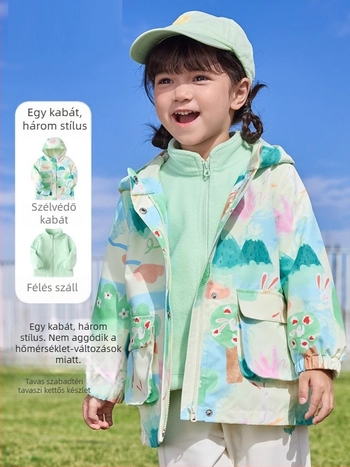 Uniszex polár két rétegű kabát szett kapucnival – kamufláz mintázat, poliészter anyag és bélés, 3–8 éveseknek, tartja a meleget és megvéd a széltől