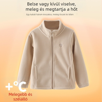 Gyerekeknek készült polárdzseki álló gallérral, cipzárral, vastag polár, poliészterből készült bélés, középhosszú