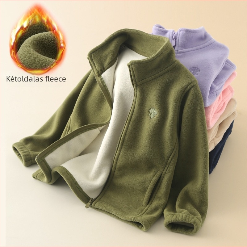 Gyerekeknek készült polárdzseki álló gallérral, cipzárral, vastag polár, poliészterből készült bélés, középhosszú