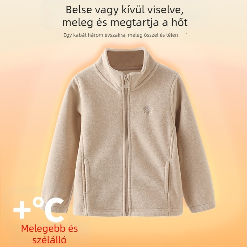 Gyerekeknek készült polárdzseki álló gallérral, cipzárral, vastag polár, poliészterből készült bélés, középhosszú