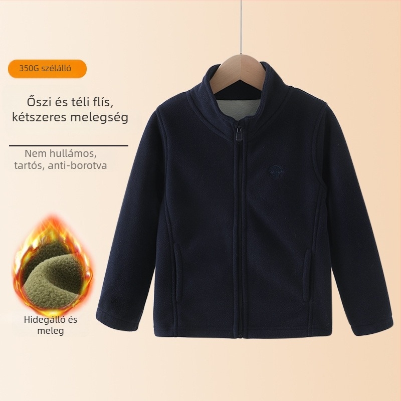 Gyerekeknek készült polárdzseki álló gallérral, cipzárral, vastag polár, poliészterből készült bélés, középhosszú