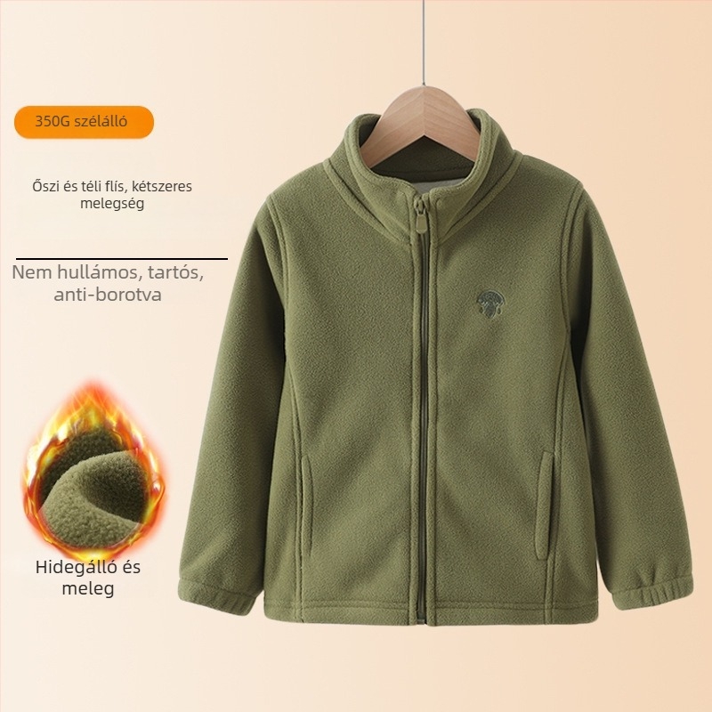 Gyerekeknek készült polárdzseki álló gallérral, cipzárral, vastag polár, poliészterből készült bélés, középhosszú