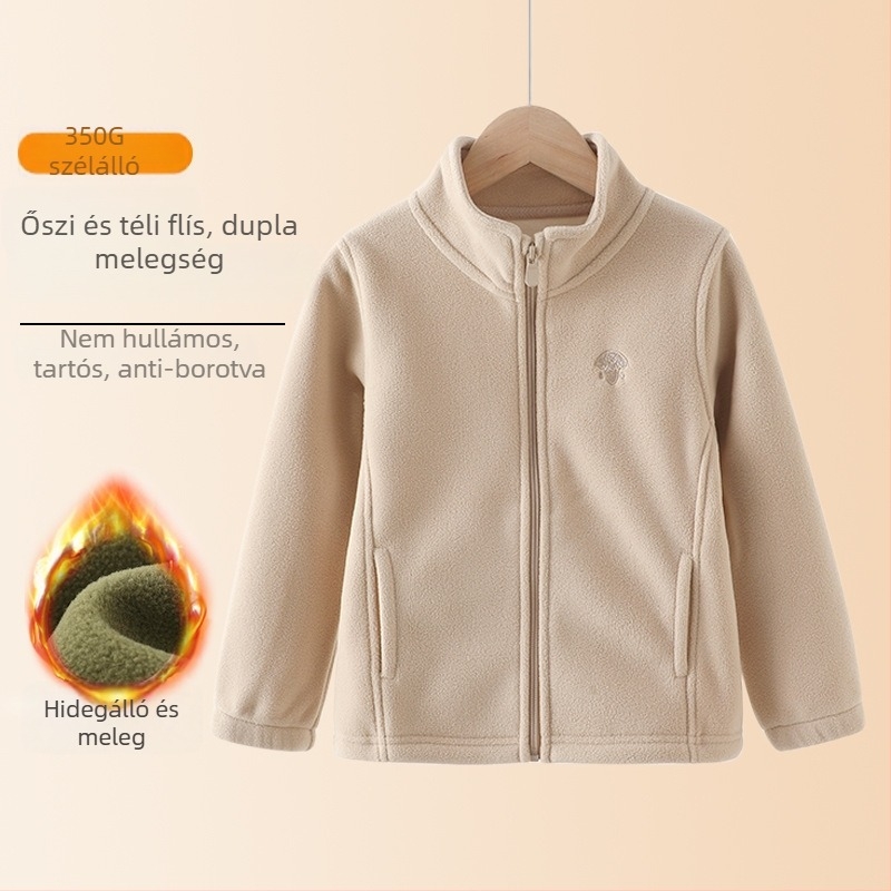 Gyerekeknek készült polárdzseki álló gallérral, cipzárral, vastag polár, poliészterből készült bélés, középhosszú