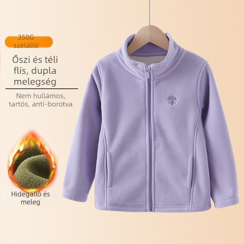 Gyerekeknek készült polárdzseki álló gallérral, cipzárral, vastag polár, poliészterből készült bélés, középhosszú