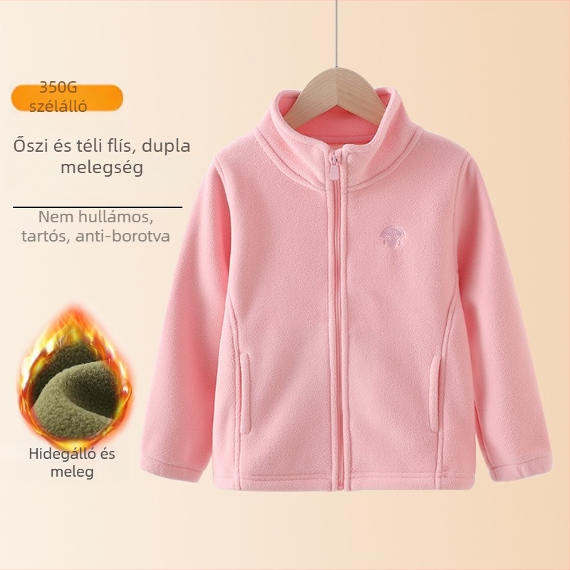 Gyerekeknek készült polárdzseki álló gallérral, cipzárral, vastag polár, poliészterből készült bélés, középhosszú