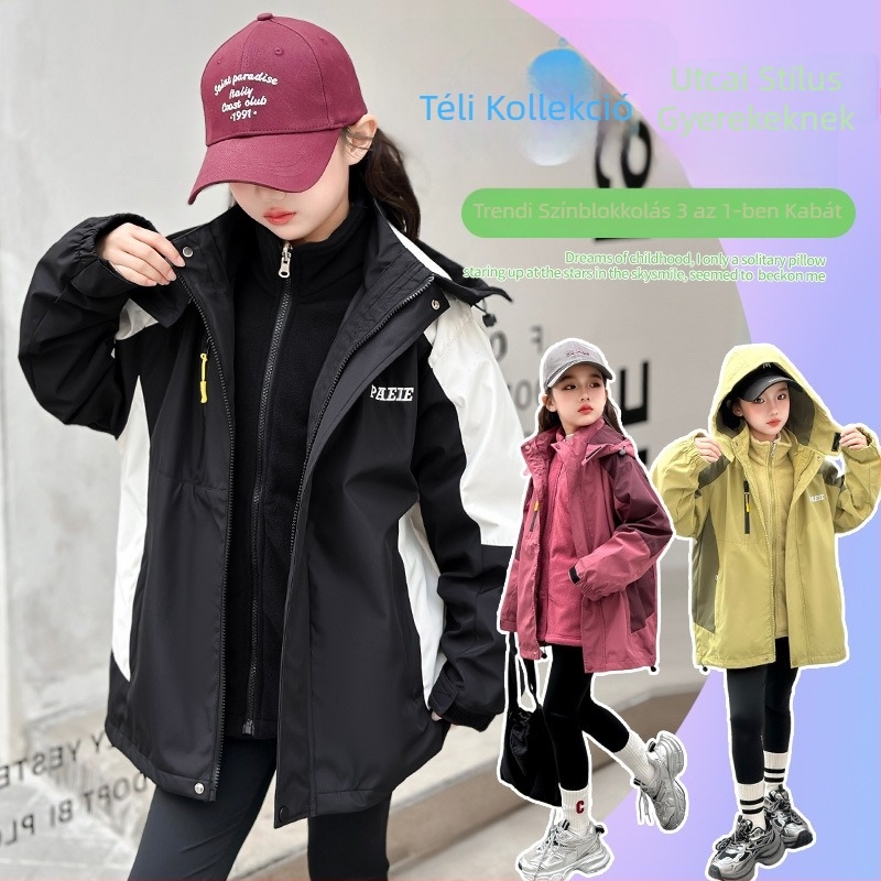 3-in-1 gyerek kabát levehető dizájnnal, ősz 2025 – kapucnis, középhosszú, cipzáras záródás, poliészter külső, pamut bélés