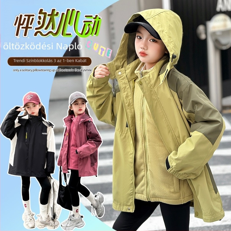 3-in-1 gyerek kabát levehető dizájnnal, ősz 2025 – kapucnis, középhosszú, cipzáras záródás, poliészter külső, pamut bélés