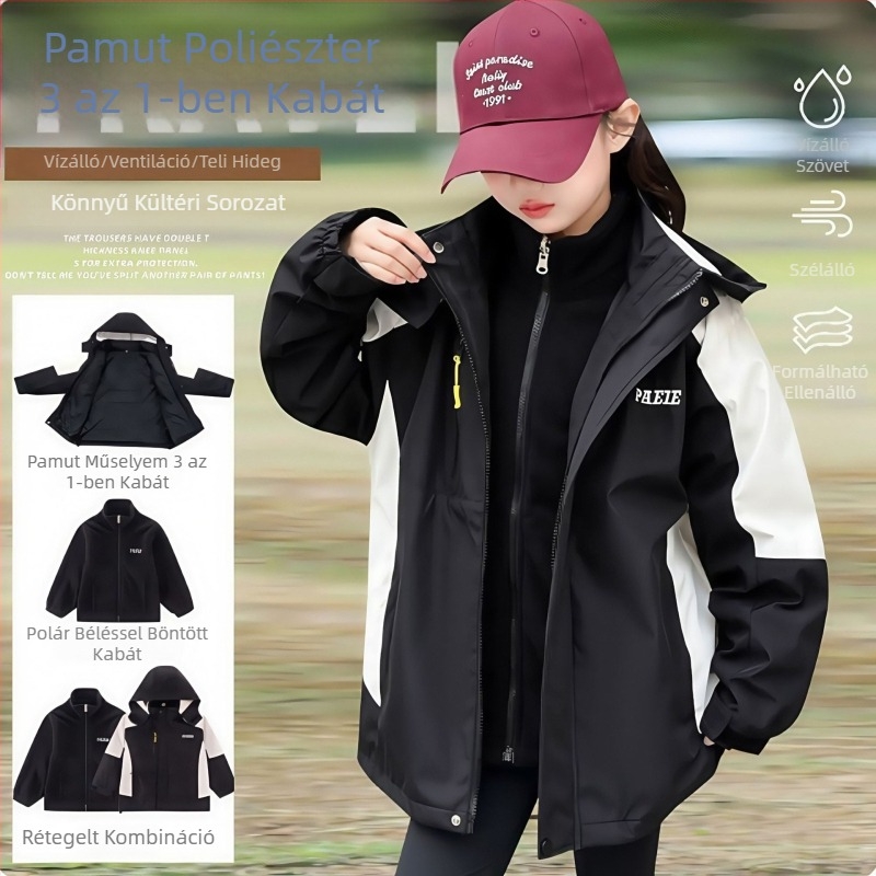 3-in-1 gyerek kabát levehető dizájnnal, ősz 2025 – kapucnis, középhosszú, cipzáras záródás, poliészter külső, pamut bélés