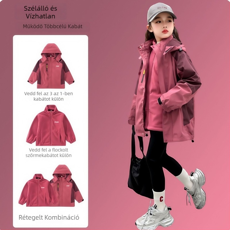 3-in-1 gyerek kabát levehető dizájnnal, ősz 2025 – kapucnis, középhosszú, cipzáras záródás, poliészter külső, pamut bélés