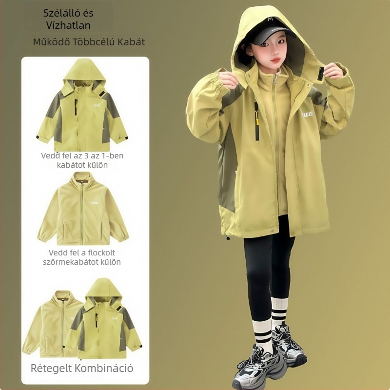 3-in-1 gyerek kabát levehető dizájnnal, ősz 2025 – kapucnis, középhosszú, cipzáras záródás, poliészter külső, pamut bélés