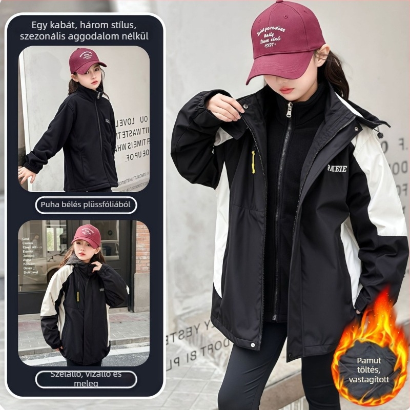 3-in-1 gyerek kabát levehető dizájnnal, ősz 2025 – kapucnis, középhosszú, cipzáras záródás, poliészter külső, pamut bélés
