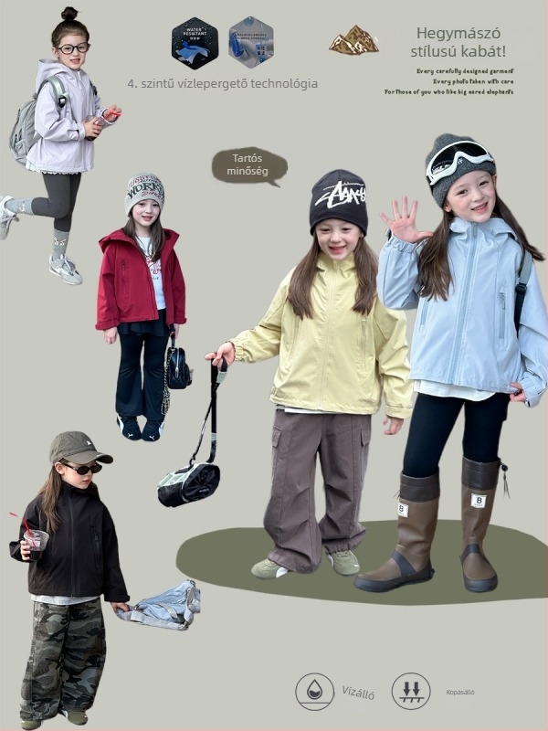 Uniszex gyerek Softshell kabát kapucnival, 4-es vízállósággal, cipzáros eleje, 3–8 éveseknek