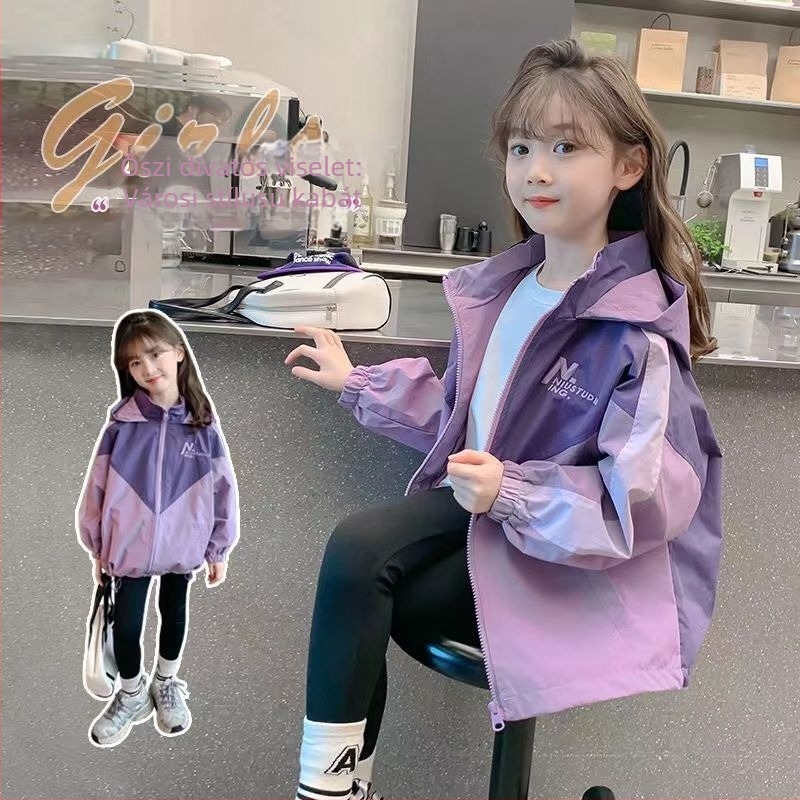 Lányoknak szóló kapucnis kabát tavasz–ősz 2025, színblokkoló design, 96% pamut, kényelmes stílus