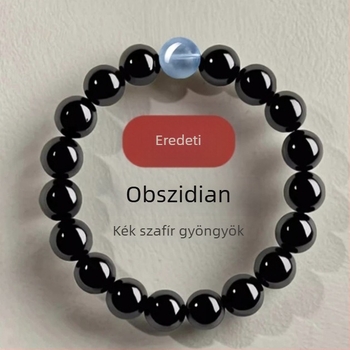 Kézzel készített obsidián karkötő ametiszttel és akvamarinnal, szerencse gyöngyökkel, buddhista gyöngyökkel, hitelesítési tanúsítvánnyal