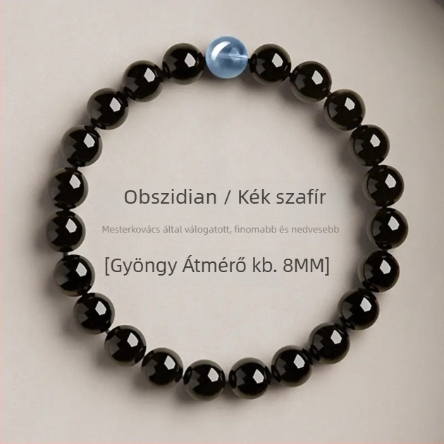 Kézzel készített obsidián karkötő ametiszttel és akvamarinnal, szerencse gyöngyökkel, buddhista gyöngyökkel, hitelesítési tanúsítvánnyal
