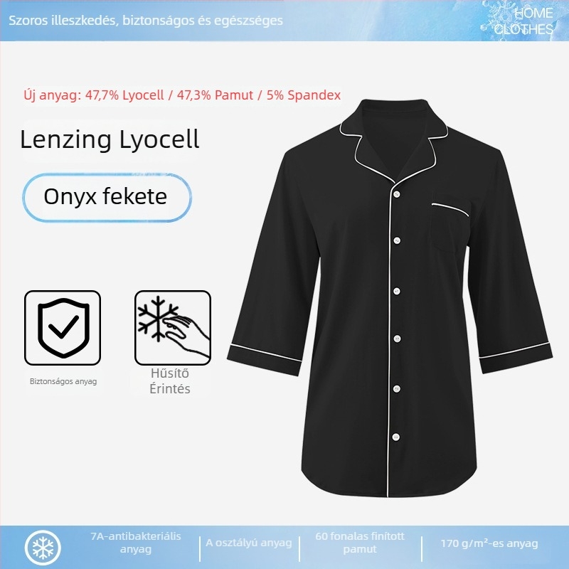 Női Modal pizsama laza gallérral, hosszú ujjú, vékony anyag, 90–95% modal tartalom