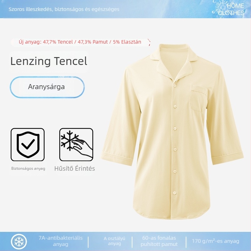 Női Modal pizsama laza gallérral, hosszú ujjú, vékony anyag, 90–95% modal tartalom
