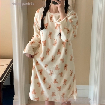 Női téli flanel éjszakai ruha fleece béléses, hosszú ujjú, középhosszú, meleg