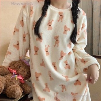 Női téli flanel éjszakai ruha fleece béléses, hosszú ujjú, középhosszú, meleg
