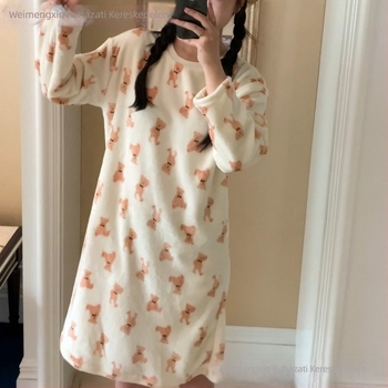 Női téli flanel éjszakai ruha fleece béléses, hosszú ujjú, középhosszú, meleg