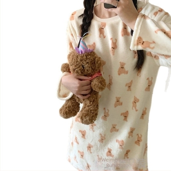Női téli flanel éjszakai ruha fleece béléses, hosszú ujjú, középhosszú, meleg