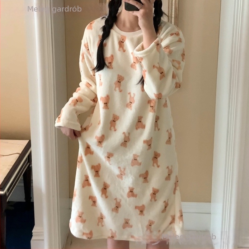 Női téli flanel éjszakai ruha fleece béléses, hosszú ujjú, középhosszú, meleg