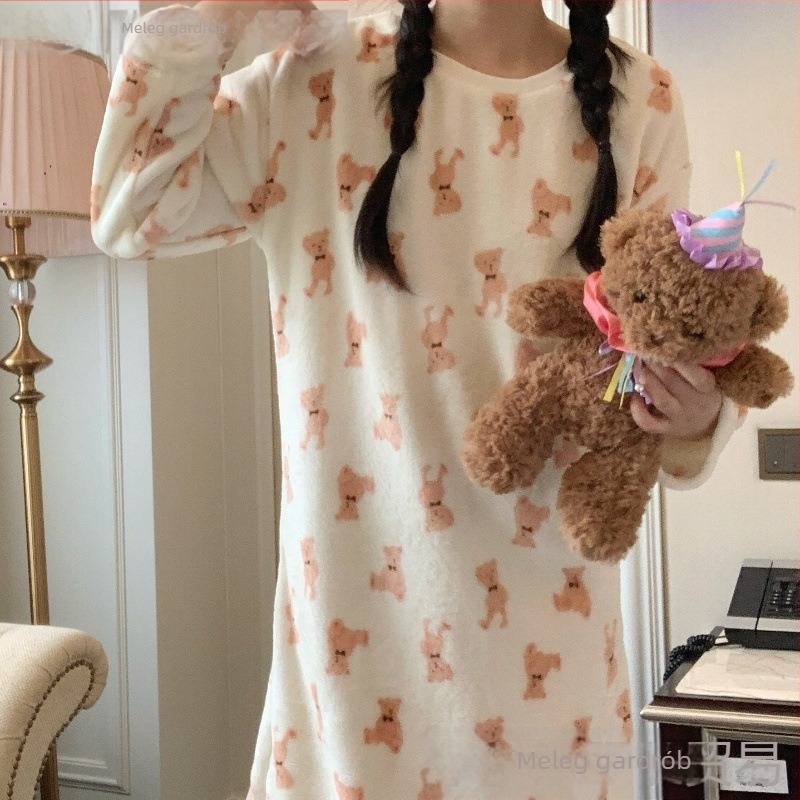 Női téli flanel éjszakai ruha fleece béléses, hosszú ujjú, középhosszú, meleg