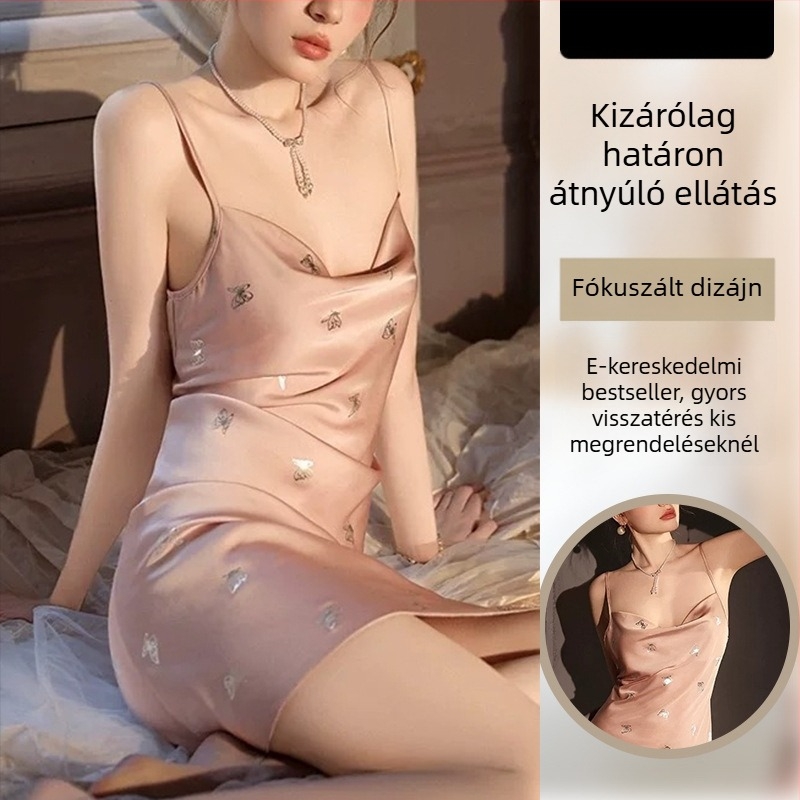 Női pizsama ice-selyem anyagból, camisole-stílus, ultra vékony anyag, ujjatlan, nyak nélküli, nyári pizsama készlet