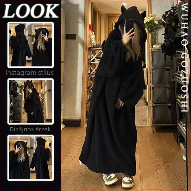 Kisördög kapucnis fleece köntös nőknek – vastag korall fleece, téli otthoni viselet
